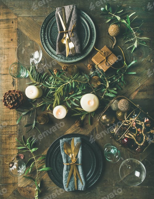 Preview: Christmas or New Years celebration party table setting, top view