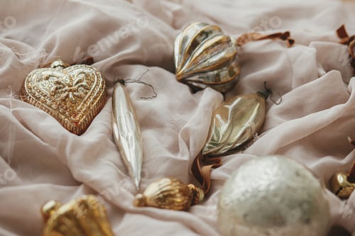 Preview: Merry Christmas! Stylish christmas vintage ornaments on soft pastel cloth. Christmas aesthetic