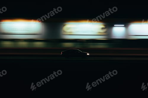 Preview: Long exposure shot of a car on a night highway