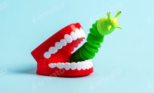 Preview: Green worm crawls out of human jaw. Halloween greeting card. Bad breath concept.