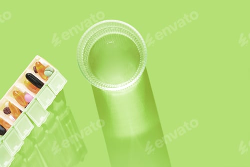 Preview: Organized weekly pill box and translucent cylinder on bright green background