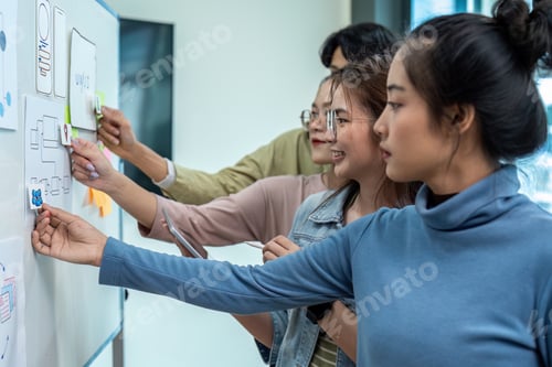 Preview: Team of ux developer and ui designer brainstorming interface wireframe design. Creative digital
