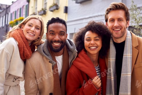 Preview: Outdoor Portrait Of Group Of Friends Wearing Coats And Scarves In Autumn Or Fall