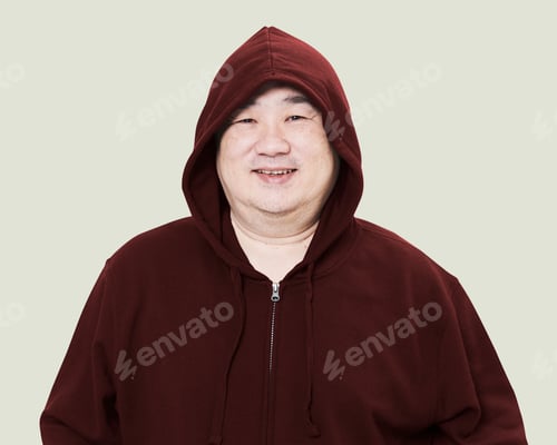 Preview: Men's red hoodie mockup fashion shoot in studio