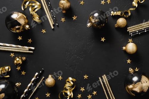 Visualização: Composição plana de bolas de ouro e confetes de Ano Novo.