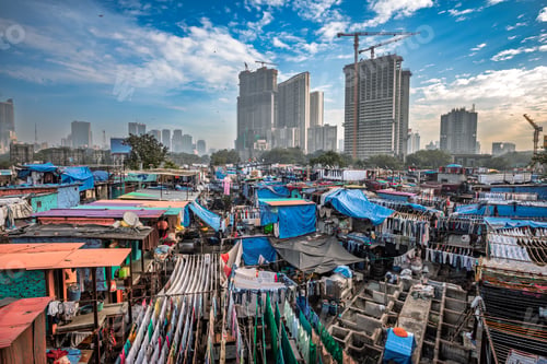Preview: Contrast of Mumbai skyscrapers and Dhobi Ghat laundry.