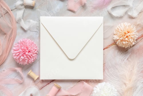 Preview: Square envelope between pastel flowers, silk ribbons and feathers on marble