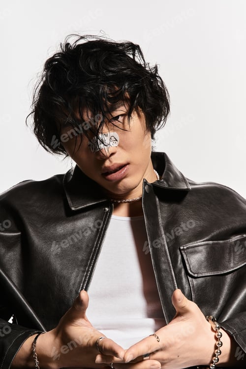 Preview: Urban vogue asian male model poses confidently in a studio setting