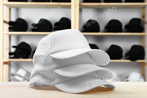 Preview: Blank white caps on wooden table in store. Mock up for design