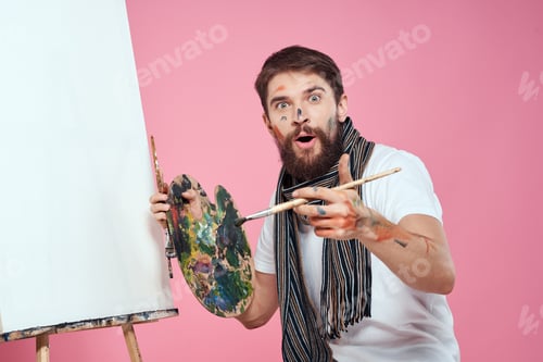 Preview: painter holding palette drawing art easel hobby creativity pink background