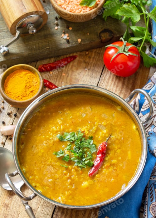 Preview: Indian food. Traditional Indian spicy lentil puree soup with herbs on a rustic table.
