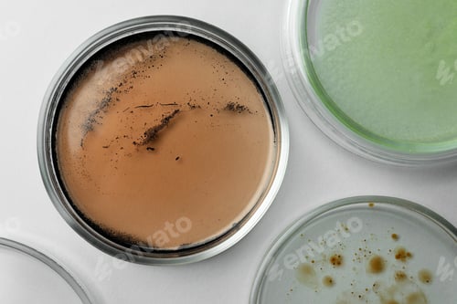 Preview: Petri dishes with different bacteria colonies on white background, flat lay