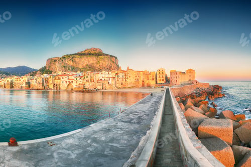 Preview: Awesome evening cityscape of Cefalu city.