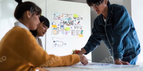 Preview: Ux developer and ui designer use augmented reality brainstorming about mobile app interface