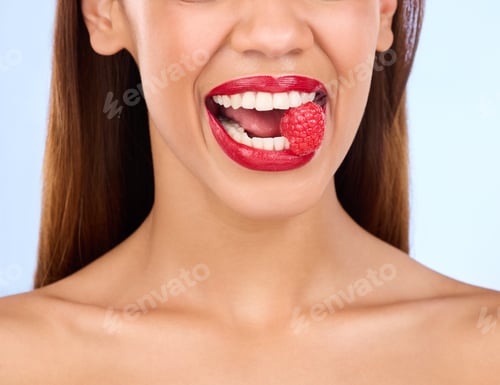 Preview: Beauty, health and raspberry with mouth of woman in studio for nutrition, diet and detox. Organic f
