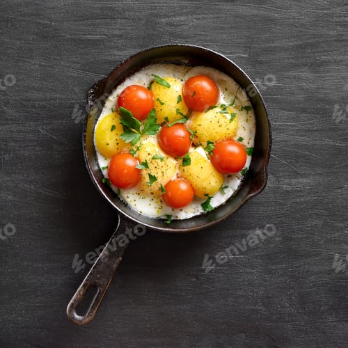 Preview: Fried eggs with tomatoes in frying pan