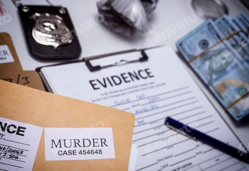 Preview: Files and evidence bag in a crime lab, conceptual image
