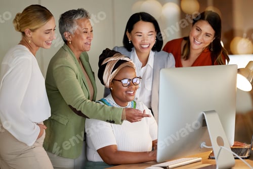 Preview: Collaboration, management and a business woman with her team, laughing while working on a computer