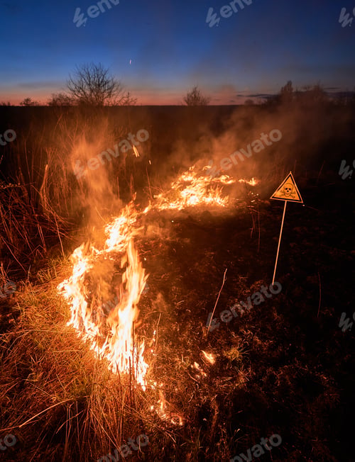 Preview: Burning dry grass and warning sign in field at night