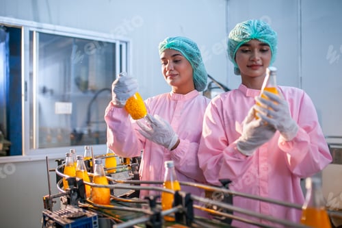 Preview: Asian woman worker is checking product bottles of fruit juice on the production line.