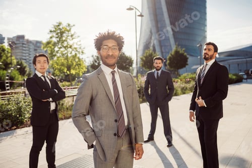 Preview: Confident business team standing tall in an urban setting