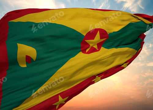 Preview: Closeup view of the waving flag of the Grenada on a background of sunset