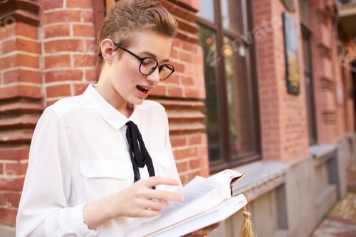 Preview: indignant woman with book near brick building of education institute retro style
