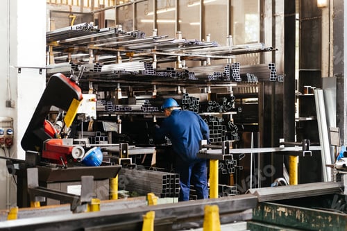 Preview: Factory worker sorting material in shelves in metal workshop