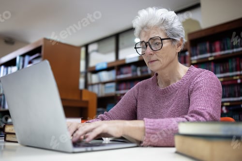 Preview: Senior Woman Typing on a Laptop in a Library