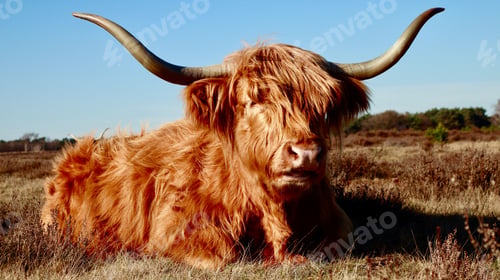 Preview: Closeup of a beautiful highland cow in a field on a sunny day