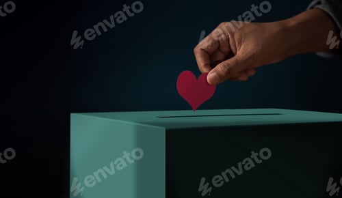 Preview: Donation Concept. Hand putting a Red Heart paper into a Donate Box. Metaphor photo. Dark tone