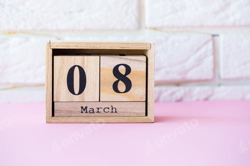 Preview: Date of March 8, International Women's Day with copy space. Wooden decorative calendar
