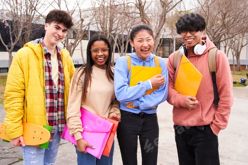 Preview: Confident multiracial group of students holding books and smiling at camera