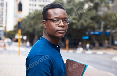 Preview: Portrait, serious student and black man in city outdoor to travel to university school. Face, glass