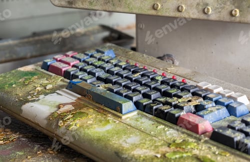 Preview: Retro computer keyboard covered with moss