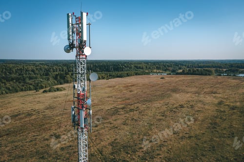 Preview: Aerial drone view of 5G telecommunication tower. GSM and radio telecommunication tower.