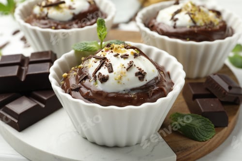 Preview: Tasty pudding with whipped cream in bowls and pieces of chocolate on white wooden table, closeup