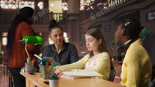 Preview: Female tutor mentoring schoolgirls in a school library setting