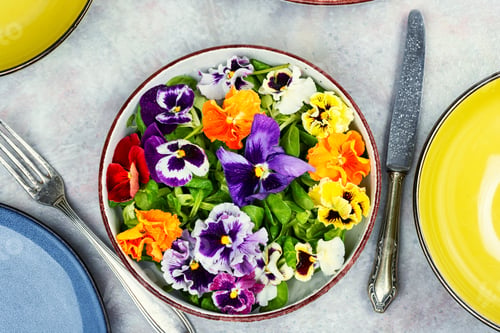 Preview: Salad decorated of edible flowers, vegetarian food.