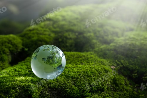 Preview: Environmental concept - Crystal Earth on forest moss with fern and sunlight - environment