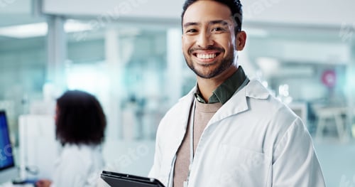 Preview: Man, face and scientist with tablet in laboratory and online research of genetics specialist in hea