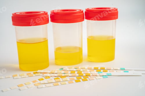 Preview: Urinalysis, urine cup with reagent strip pH paper test and comparison chart in laboratory.