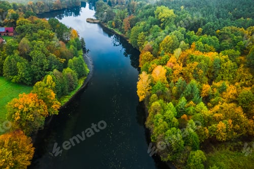 Preview: Aerial view of river and yellow autumn forest