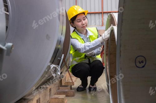 Preview: Female engineers inspecting metal sheet production line