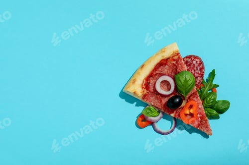 Preview: Slice of Salami pizza on blue background