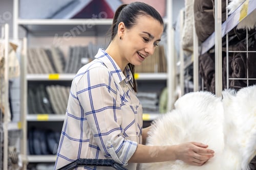 Preview: A young woman chooses goods for a home interior in a store.