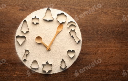 Preview: Flour, cookie cutters and spoons representing clock on wooden table, flat lay. Space for text