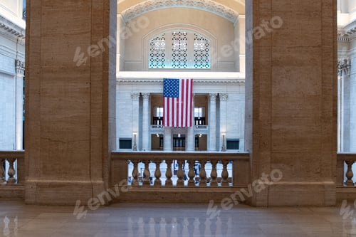 Preview: American Flag hangs in union station in chicago illinois. placed between two pillars.