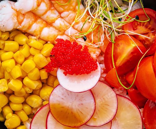 Preview: Bowls with tasty rice, shrimps and vegetables closeup