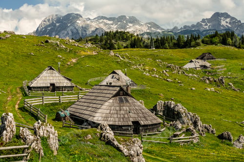 Preview: Velika Planina or Great plateau, Slovenia highlands with architecture of wooden huts and barns
